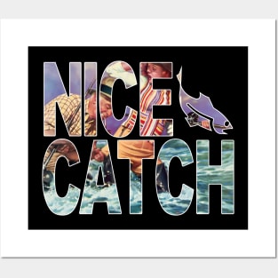 "Nice Catch" Old Man Catches Woman Typographic Overlay Double Exposure Font Art Posters and Art